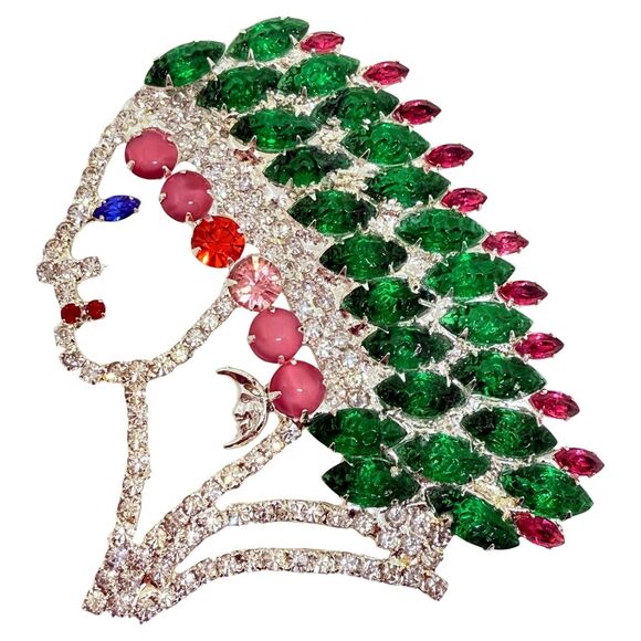 Kenneth Jay Lane Jewelry - KJL KENNETH JAY LANE signed silver glass Native American Indian designer brooch